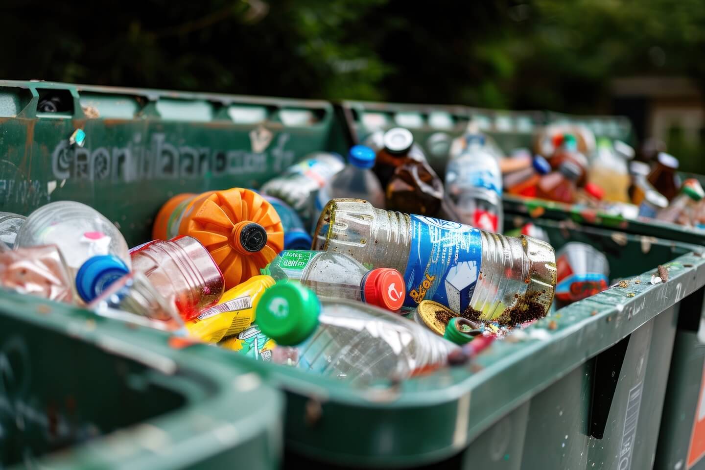 Déchets en plastique dans une poubelle verte